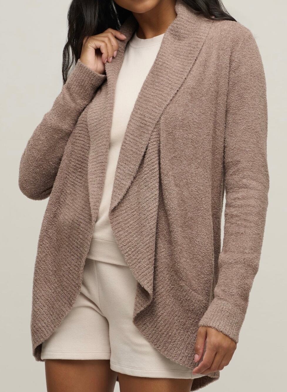 Barefoot Dreams CozyChic Lite Circle Cardigan Sable Beige Open Front Sweater M